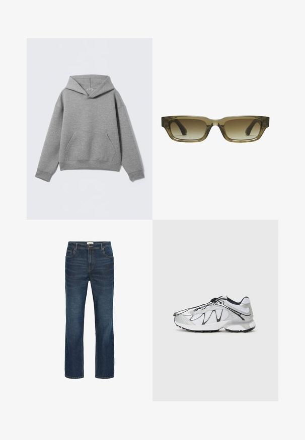 Hanorac gri din material moale, cu un buzunar frontal mare, glugă adâncă și manșete striate, cu o croială lejeră.; Jeans din denim de culoare albastru închis, cu croi drept, cinci buzunare, cusături contrastante și un brâu cu un buton metalic și bucle pentru curea.; Pantofi sport albi cu suprafață din plasă, accente negre, talpă din cauciuc texturat și sistem de șireturi elastice. Ușori, cu un design modern.; Ochelari de soare cu un gradient maroniu, cu o formă rectangulară, rame groase și robuste, și tâmple negre. Materialul transparent de culoare marron adaugă profunzime.