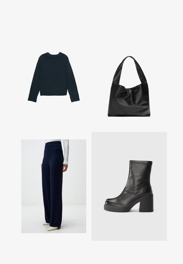 Maglione verde scuro lavorato a maglia con scollo rotondo, maniche raglan lunghe e polsini e orlo a coste. Superficie strutturata con vestibilità ampia.; Pantaloni a larga vita alta di colore navy in tessuto strutturato, con motivi a coste verticali e una finitura liscia, abbinati a tacchi bianchi a punta.; Stivale in pelle nera fino al polpaccio con tacco a blocco spesso e suola platform su uno sfondo bianco semplice.; Borsa tote in pelle nera con un design morbido e floscio, manici larghi e una texture liscia. Nessun hardware o decorazione visibile.