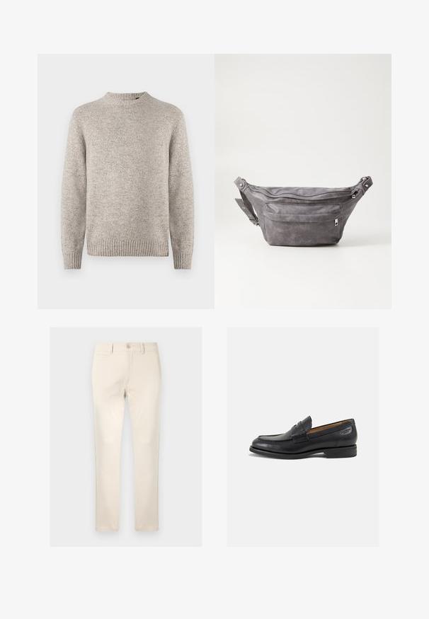 Suéter de malha cinza claro com decote redondo, punhos e barra canelados, e um acabamento texturizado. Sem padrões ou detalhes visíveis.; Calças de algodão bege com um corte reto, apresentando um único bolso à frente, fecho com botão e detalhes de costura discretos.; Mocassins pretos de pele com um acabamento suave, bico redondo e costura decorativa no a parte superior. Salto baixo e empilhado com um ligeiro brilho.; Pochete cinza em camurça com forma arredondada, dois compartimentos com fecho éclair e alça ajustável. Apresenta detalhes em metal.