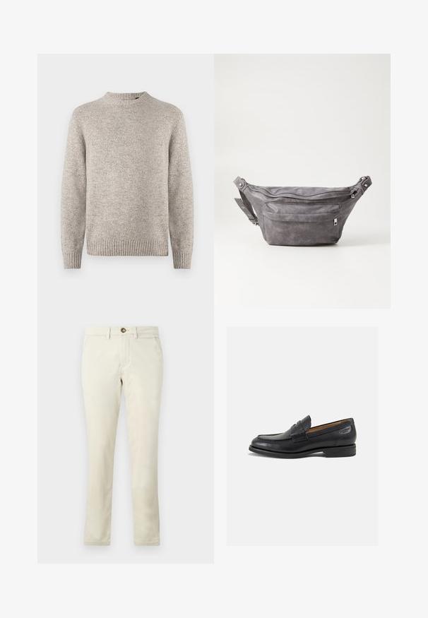 Heled halli kootud sviiter ümmarguse kaelusega, soonikkoes mansetid ja äär, ning tekstuuriga viimistlus. Ilma nähtavate mustrite või aktsentideta.; Beezist puuvillased chinod sirge jala kujundusega, millel on ees nupu kinnitamine, kaks külgtaskut ja sile, kergelt tekstureeritud kangas.; Mustad mustad nahast loafers, sujuva viimistlusega, ümar sirge ja dekoratiivne tikand peal. Madal ja kergelt kuhjatud konts ning kerge läige.; Hallikate nahast vöö kott, millel on ümar kuju, kaks tõmblukuga taskut ning reguleeritav rihm. Varustatud metallist detailide aktsentidega.