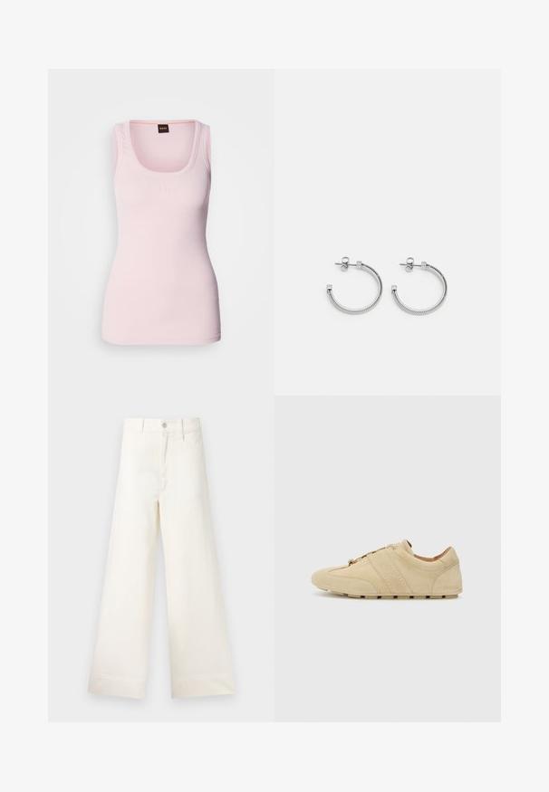 Weißer Strick-Turtleneck-Pullover mit gerippter Textur, Raglanärmel und lockerer Passform. Verfügt über einen hohen Kragen und weichen Stoff.; Helles rosa, geripptes Tanktop mit Rundhalsausschnitt, das ein dezentes Logo auf der Brust und breite Schulterträger aufweist. Glatte Textur.; Gestreifte, knöpfbare Bluse in Weiß mit feinen braunen Streifen. Verfügt über einen spitzen Kragen, lange Ärmel und eine Brusttasche. Verkürzte Länge.; Weite Hosen aus hellem beigen Baumwollstoff. Mit hoher Taille, vorderen Taschen und geradem Schnitt. Saubere Saumverarbeitung ohne Muster.; Beige Wildledersneaker mit minimalistischem Design, runder Zehenpartie und Gummisohle. Verfügt über zwei vertikale Streifen und Schnürverschluss. Glatte Textur.; Silberne Creolen mit einem texturierten Seil design, versehen mit flachem quadratischem Verschluss, was einen minimalistischen und modernen Look erzeugt.