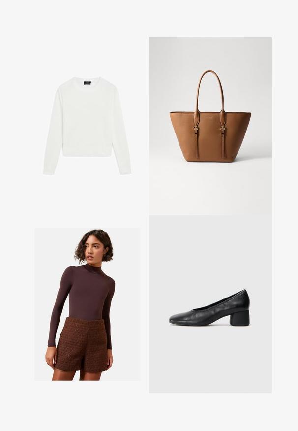 Bílý dlouhý svetr s dlouhým rukávem, zkrácený střih, měkká textura, kulatý výstřih, žebrované manžety a lem, minimalistický styl bez viditelných vzorů nebo kování.; Hnědý dlouhý rukáv bodysuit doplněný texturovanými hnědými pletenými šortkami. Bodysuit má vysoký límec, zatímco šortky mají strukturovaný design.; Černé kožené lodičky s kulatou špičkou a středním blokovým podpatkem. Hladký povrch s minimálním zdobením, s jemným elastickým otvorem.; Hnědá kožená taška přes rameno s texturovaným povrchem, zužujícím se tvarem, dvěma pevnými uchy a dekoračními zlatými akcenty.