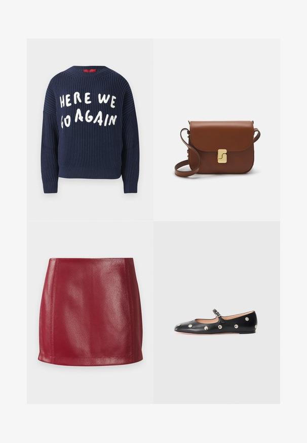 Navy ribbed knit sweater with wide sleeves and round neck; features white lettering that reads "HERE WE GO AGAIN" across the front.; Red faux leather mini skirt featuring a smooth texture, fitted design, and straight hem with subtle sheen and diagonal pattern detailing.; Black leather Mary Jane flat shoe with a rounded toe, featuring silver circular studs and an adjustable strap with a buckle.; Brown leather handbag with a flap closure, gold-tone hardware, a shoulder strap, and a smooth texture. Compact rectangular shape.