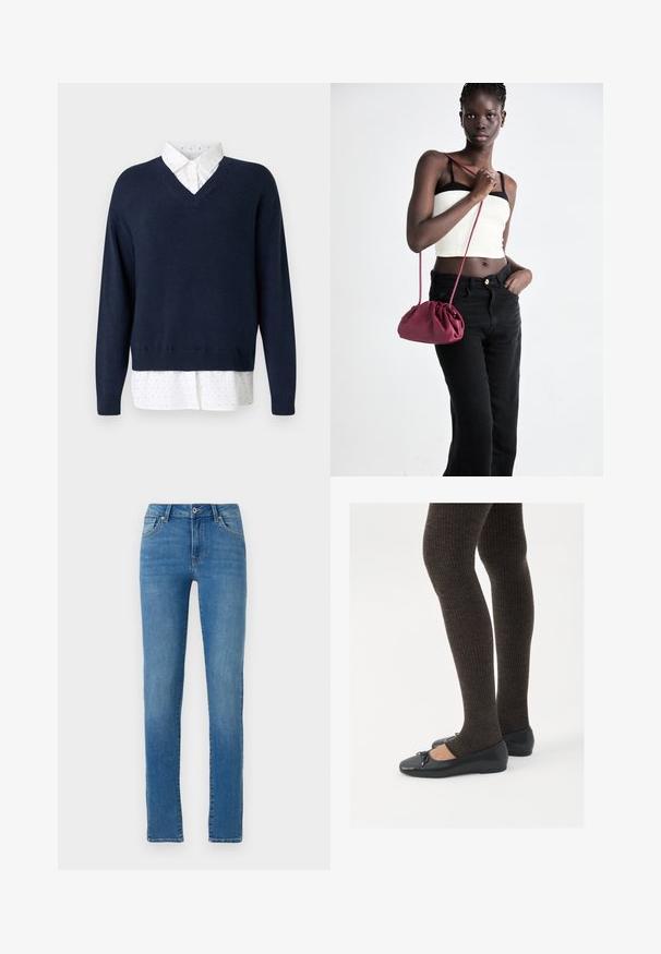 Suéter azul-marinho de decote em V em malha suave, sobre uma camisa branca com pequenos e dispersos poás e um colarinho clássico.; Calças de ganga azul com um corte reto, cinco bolsos, fecho frontal com botão e costuras discretas. Design limpo com lavagem média.; Sapatos planos pretos com um pequeno laço na ponta, emparelhados com meias-calças caneladas castanhas escuras. Os sapatos têm uma textura suave e um design discretamente baixo.; Bolsa de tecido suave em borgonha com um design franzido e uma alça longa, usada à transversal. Modelo veste um top cropped branco e jeans pretos.