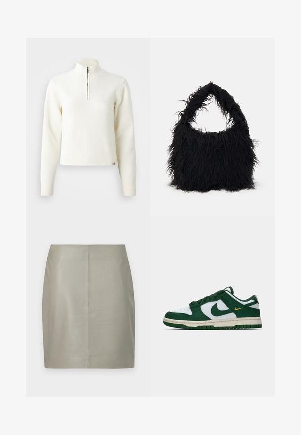 Pull-over blanc à col zippé et manches longues. Fabriqué en matériau tricoté doux, avec des poignets et un ourlet côtelés. Logo de la marque subtil à l'ourlet.; Jupe en cuir beige longueur genou avec une coupe droite et une couture verticale centrale, présentée sur un fond blanc.; Baskets Nike basses en daim blanc et vert foncé avec un swoosh vert assorti et un petit accent de swoosh jaune sur le côté.; Even&Odd Cabas - black