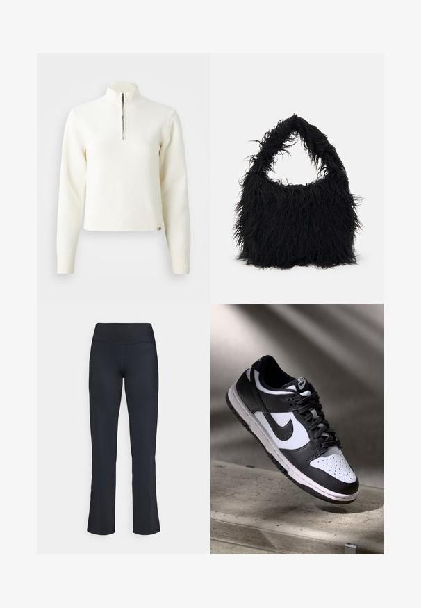 Sweater branco com fecho de correr no pescoço e mangas longas. Feito de um material de malha suave, com punhos e bainha canelados. Logótipo da marca discreto na bainha.; Calças atléticas pretas com uma cintura alta. Feitas de um tecido suave e elástico, com um design de perna larga e detalhes de costura mínimos.; Sapatilha Nike Dunk Low em preto e branco com parte superior em pele, caixa de biqueira perfurada e atacadores pretos, apresentando uma sola branca e detalhes em logótipos.; Even&Odd Saco de mão - black