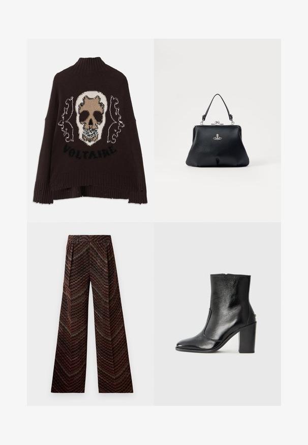 Pulôver de malha castanho com um design central de caveira, detalhes decorativos e bainhas caneladas. O texto diz "VOLTAIRE" abaixo da caveira.; Calças de perna larga com cintura alta e padrão zig-zag em tons de castanho, preto, rosa e verde sobre um fundo branco.; Bota ankle preta em pele com uma textura suave, bico fino e um salto alto robusto. Apresenta uma abertura lateral e um design minimalista.; Bolsa de mão de couro preto com uma superfície texturizada, ferragens prateadas, fecho de fecho e uma alça curta para transporte. Design compacto e estruturado.