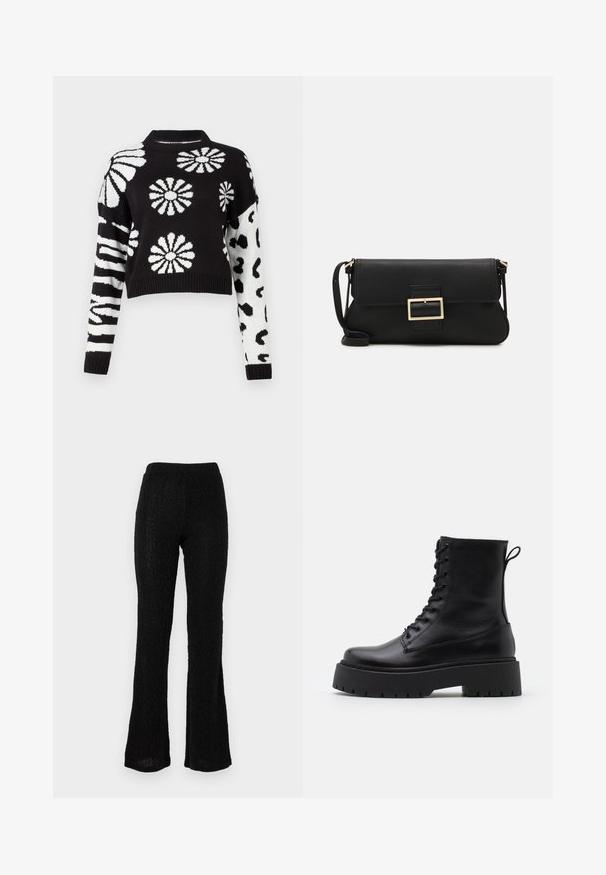 Fekete-fehér, cropped pulóver virág- és állatmintákkal, bordás mandzsettákkal és nyakkal, puha kötött anyagból készült.; Fekete, kiterjedt nadrágok texturált anyagból, finom mintával. Rugalmas derékpánt, könnyű és teljes hosszúságú kialakítás.; Fekete bőr bokacsizma, kerek orral, fűzős elülső résszel és vastag, texturált gumitalppal. Húzófül hátul.; Fekete bőr kézitáska hajtóka részlettel és aranyszínű fém csattal. Tartalmaz egy fekete pántot és egy letisztult, minimális dizájnt.