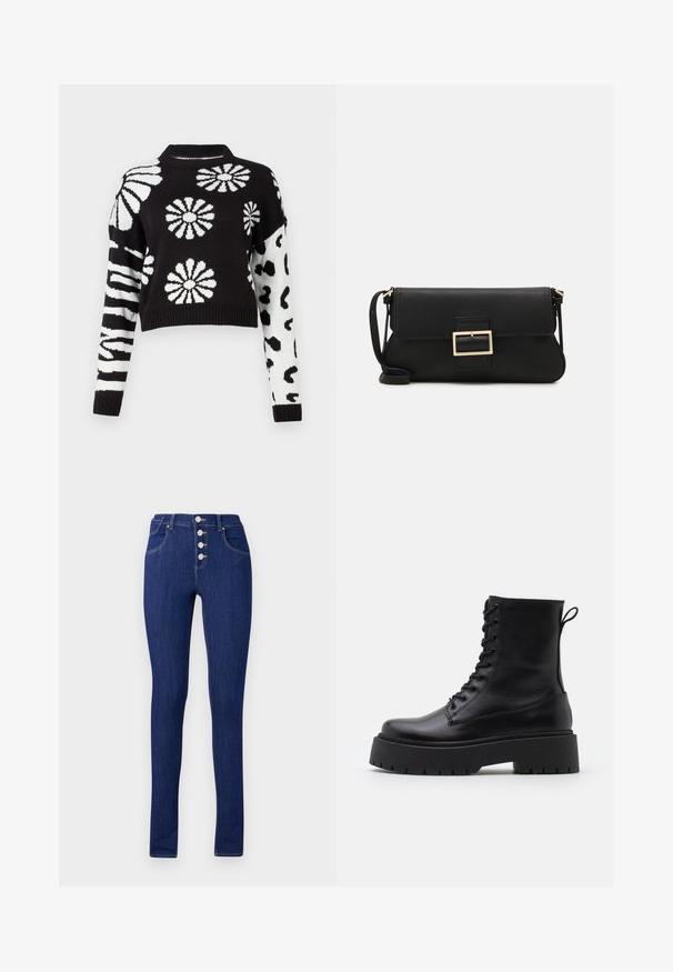 Pull en noir et blanc à coupe courte, orné de motifs floraux et animaliers, avec des poignets et un col côtelés, fabriqué à partir d'un matériau tricoté doux.; Jean skinny en denim bleu foncé, avec une taille haute, un zip à boutons avec cinq boutons en argent, et des poches arrière minimalistes.; Bottines en cuir noir avec un bout rond, un laçage à l'avant et une épaisse semelle en caoutchouc dotée d'un motif texturé. Tirer au dos.; Pochette en cuir noir avec un rabat et un détail en boucle en métal doré. Inclut une sangle noire et un design épuré et minimaliste.
