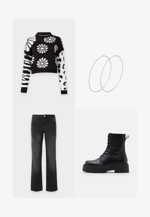 Čierno-biela skrátená mikina s kvetinovými a zvieracími vzormi, s rebrovanými manžetami a golierom, vyrobená z mäkkej pleteniny.; Čierne rifľové nohavice so rozšírenými nohavicami a vyblednutým povrchom, dizajn s piatimi vreckami a strieborným zapínaním na gombík. Obsahujú rovný pás a klasický lem.; Čierne kožené členkové topánky s okrúhlou špičkou, šnurovaním vpredu a hrubou gumovou podrážkou s textúrovaným vzorom. Sťahovací pútko na zadnej strane.; Strieborné kruhové náušnice s minimalistickým dizajnom. Cirkulárny tvar, hladký povrch a tenký profil. Ľahké s lesklým povrchom.