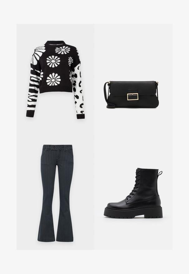 Svart-hvitt cropped genser med blomster- og dyremønster, med ribbestrikkede mansjetter og hals, laget av mykt strikkemateriale.; BDG Urban Outfitters BROOKE BOOTFLARE - Jeans bootcut - black; Sorte skinn ankelstøvler med rund tå, snøring foran og tykk gummisåle med teksturert mønster. Håndtak bak.; Svart lær clutch-veske med klaff og detalj i gullmetall. Inkluderer en svart stropp og et strømlinjeformet, minimalistisk design.