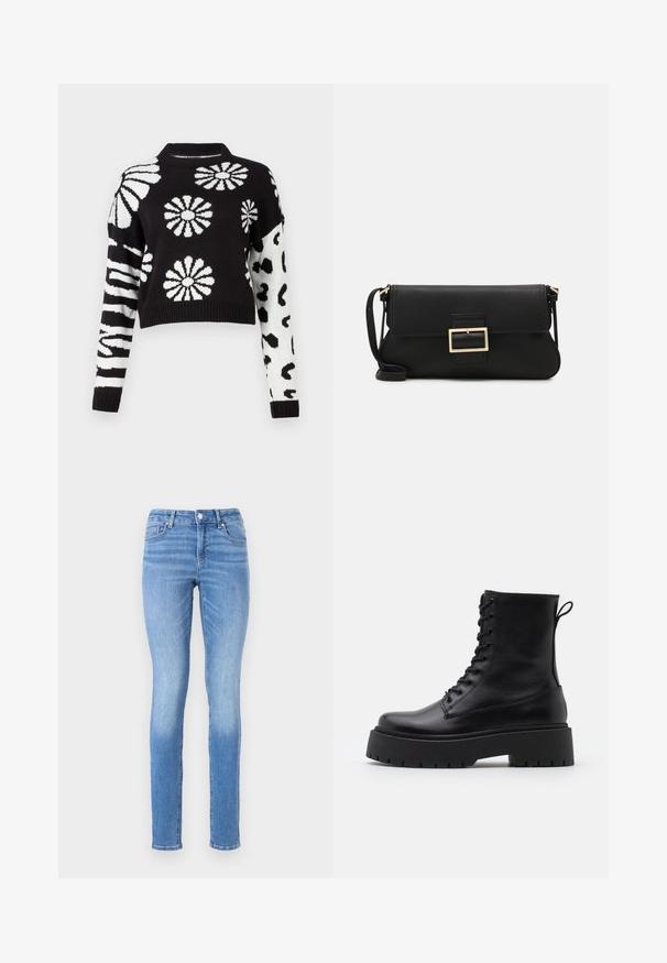 Melnā un baltā krāsā apgriezts džemperis ar ziedu un dzīvnieku rakstiem, ar ribotiem piedurknēm un kaklu, izgatavots no mīkstas austas materiāla.; Zilās džinsa bikses ar šauru piegriezumu, vidēja augstuma jostasvietu un vieglu nolietojumu. Pretstatā šuvēm un standarta piecu kabatu dizains.; Melni ādas potītēm zābaki ar apļveida purngalu, auklām priekšpusē un biezu gumijas zoli ar teksturētu protektoru. Velkšanas cilpa aizmugurē.; Melnas ādas saķeres soma ar atloku un zelta metāla sprādzi. Ietver melnu siksnu un elegantu, minimālistisku dizainu.