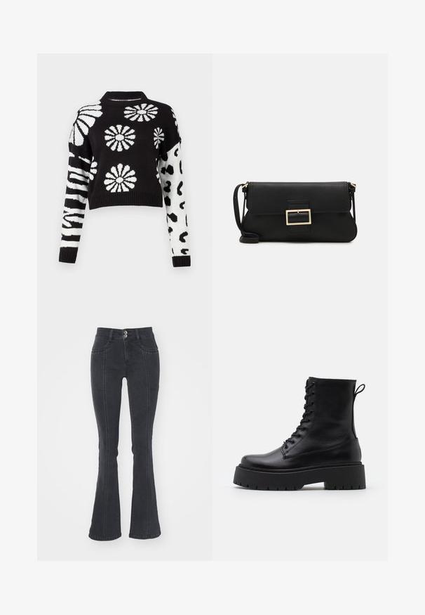Čierno-biela skrátená mikina s kvetinovými a zvieracími vzormi, s rebrovanými manžetami a golierom, vyrobená z mäkkej pleteniny.; Čierne zvonové džínsy vyrobené z denimu, s vysokým pásom, dvoma prednými vreckami a dvoma zadnými vreckami, s viditeľnými detailmi šitia.; Čierne kožené členkové topánky s okrúhlou špičkou, šnurovaním vpredu a hrubou gumovou podrážkou s textúrovaným vzorom. Sťahovací pútko na zadnej strane.; Čierna kožená clutch taška s klopou a zlatým kovovým detailom s prackou. Obsahuje čierny remienok a elegantný, minimalistický dizajn.