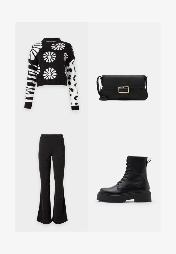 Maglione cropped in bianco e nero con motivi floreali e animali, con polsini e colletto a coste, realizzato in un morbido materiale a maglia.; Pantaloni neri a zampa d'elefante realizzati in un tessuto scintillante. Hanno una vita alta e una superficie liscia, con svasatura dal ginocchio all'orlo.; Stivaletti in pelle nera alla caviglia con punta rotonda, lace-up frontale e suola in gomma spessa con battistrada textured. Tassello sul retro.; Borsa a mano in pelle nera con patta e dettaglio in metallo dorato. Include una tracolla nera e un design elegante e minimalista.