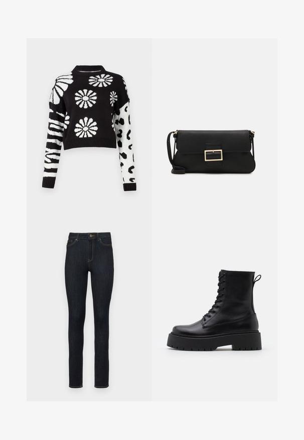 Mustvalge lühendatud sviiter, mille kaunistavad lille- ja loomamustrid, ribatreeritud varrukad ja kaelus, valmistatud pehmest kudumist.; Tumedad sinised kitsad teksad, millel on klassikaline viie tasku disain, kuldsed õmblused ja nupukinnitus talje juures.; Mustad mustad nahast pahkluu saapad ümarate varvastega, nööridega esiosas ja paksu kummist talla ning tekstuuritud mustriga. Tagumine tõmbeaas.; Must haben musta nahkklahviga kott, millel on klapp ja kuldne metallist pandla detail. Kaasas must rihm ja stiilne, minimalistlik disain.
