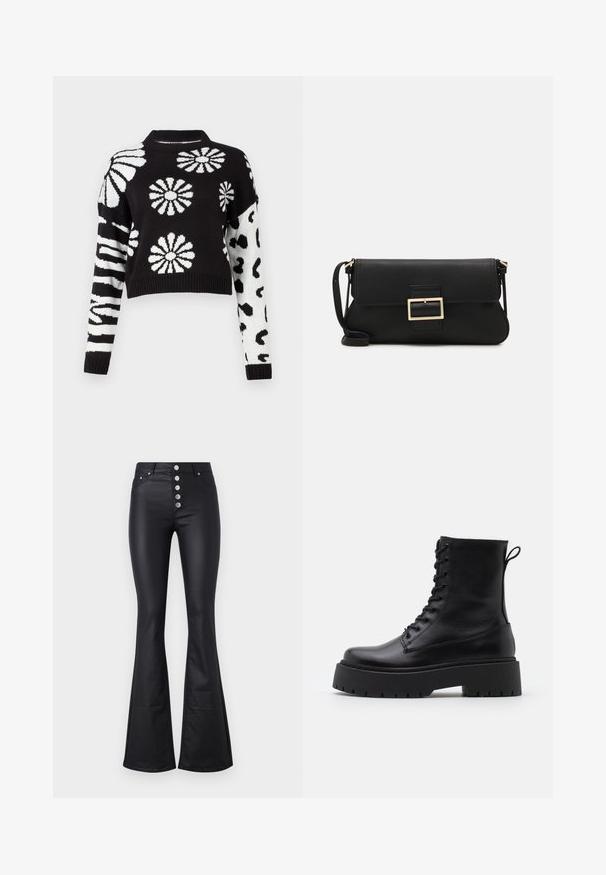 Schwarzer und weißer, taillierter Pullover mit floralem und tierischem Muster, mit gerippten Bündchen und Kragen, aus einem weichen Strickmaterial gefertigt.; Schwarze, ausgestellte Hose aus glattem, dehnbarem Material mit hoher Taille und fünf metallischen Knöpfen auf der Vorderseite. Mit zwei seitlichen Taschen.; Schwarze Lederstiefeletten mit runder Zehenpartie, Schnürung vorne und einer dicken Gummisohle mit strukturiertem Profil. Mit Zugschlaufe an der Rückseite.; Schwarze Leder-Clutch mit Klappe und goldfarbenem Metallschnallen-Detail. Enthält einen schwarzen Riemen und ein schlankes, minimalistisches Design.