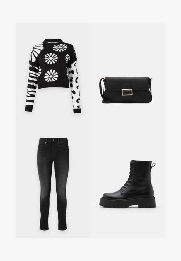 Suéter recortado en blanco y negro con patrones florales y animales, con puños y cuello de canalé, hecho de un material de punto suave.; Vaqueros negros ajustados de denim. Incluyen un cierre de botón, pasadores para cinturón y bolsillos frontales. Textura suave con un ligero desgaste.; Botas de cuero negras hasta el tobillo con punta redonda, cordones en la parte delantera y una suela de goma gruesa con un dibujo texturizado. Tirador en la parte trasera.; Bolso de mano de cuero negro con una solapa y un detalle de hebilla de metal dorado. Incluye una correa negra y un diseño elegante y minimalista.