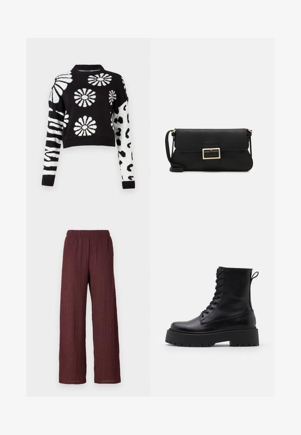 Pulover scurt, alb-negru, cu motive florale și animale, având manșete și guler ribbonat, realizat dintr-un material tricotat moale.; Pantaloni largi burgundy dintr-un material texturat, creponat. Prezintă un tiv elastic și se potrivesc drept până la glezne.; Botine din piele neagră, până la gleznă, cu vârful rotund, șireturi în față și o talpă groasă din cauciuc cu un model texturat. Fâșie de tragere la spate.; Geantă de mână din piele neagră, cu clapetă și un detaliu din metal auriu. Include o curea neagră și un design elegant, minimalist.