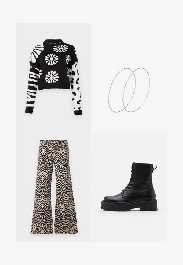 Schwarzer und weißer, taillierter Pullover mit floralem und tierischem Muster, mit gerippten Bündchen und Kragen, aus einem weichen Strickmaterial gefertigt.; Weit geschnittene Hosen aus einem Stoff mit einem beige- und schwarzgestreiften Zebra-Muster, mit hoher Taille und traditionellem Fünf-Taschen-Design.; Schwarze Lederstiefeletten mit runder Zehenpartie, Schnürung vorne und einer dicken Gummisohle mit strukturiertem Profil. Mit Zugschlaufe an der Rückseite.; Silberne Creolen mit minimalistischem Design. Rundform, glatte Oberfläche und dünnes Profil. Leichtgewichtig mit hochglänzender Oberfläche.