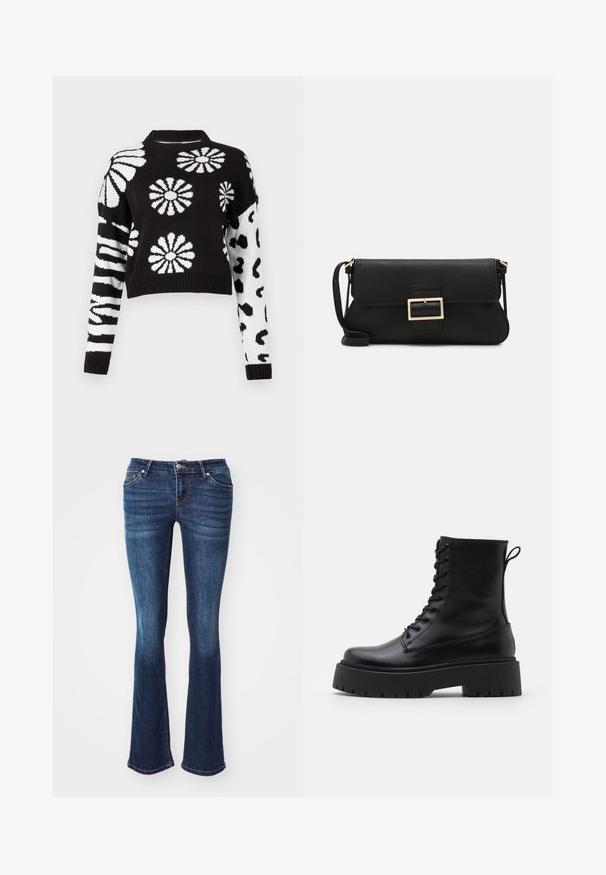 Fekete-fehér, cropped pulóver virág- és állatmintákkal, bordás mandzsettákkal és nyakkal, puha kötött anyagból készült.; Sötétkék, bővülő farmernadrág, amely denimből készült. Öt zsebe van, cipzáros biztosítással és gombos zárással, valamint finom elhalványulás látható az elülső combokon.; Fekete bőr bokacsizma, kerek orral, fűzős elülső résszel és vastag, texturált gumitalppal. Húzófül hátul.; Fekete bőr kézitáska hajtóka részlettel és aranyszínű fém csattal. Tartalmaz egy fekete pántot és egy letisztult, minimális dizájnt.