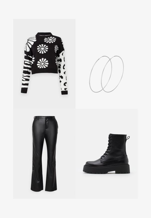 Črno-bela skrčena jopica z cvetličnimi in živalskimi vzorci, z rebrastimi manšetami in ovratnikom, izdelana iz mehke pletene tkanine.; Črne hlače s flared krojem iz umetnega usnja z gladko teksturo, z zadrgo, zanke za pas in sprednjimi žepi.; Črne usnjene gležnjarje z okroglo konico, vezalnim sprednjim delom in debelim gumijastim podplatom z teksturiranim profilom. Zanka na hrbtni strani.; Srebrne uhane v obliki obroča z minimalističnim dizajnom. Krožna oblika, gladka tekstura in tanek profil. Lahki s poliranim zaključkom.