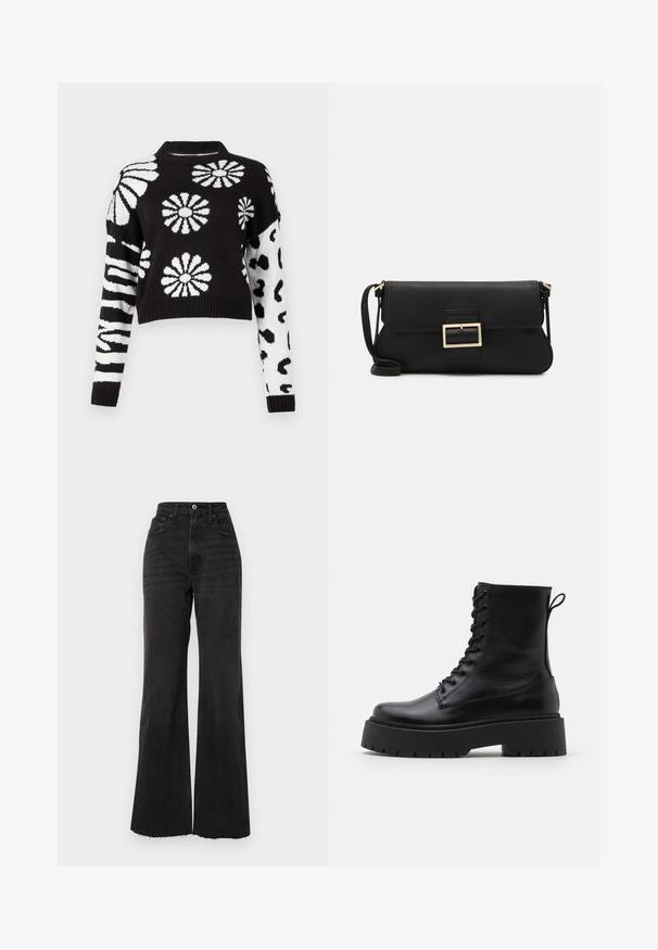 Black and white cropped sweater featuring floral and animal patterns, with ribbed cuffs and neck, made from a soft knit material.; High-waisted black flared jeans made of denim. Features a front button closure, five pockets, and raw hem at the legs.; Black leather ankle boots with a round toe, lace-up front, and a thick rubber sole featuring a textured tread. Pull tab at the back.; Black leather clutch bag with a flap and a gold metal buckle detail. Includes a black strap and a sleek, minimalist design.