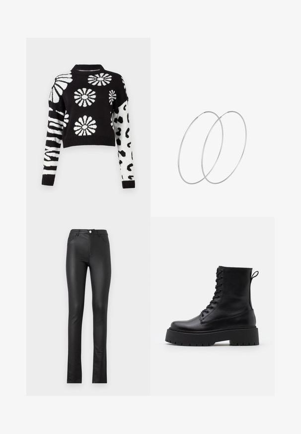 Čierno-biela skrátená mikina s kvetinovými a zvieracími vzormi, s rebrovanými manžetami a golierom, vyrobená z mäkkej pleteniny.; Čierne nohavice z imitácie kože so štíhlym strihom, s predným zapínaním na gombík, dvoma prednými vreckami a mierne rozšíreným lemom na spodnej časti.; Čierne kožené členkové topánky s okrúhlou špičkou, šnurovaním vpredu a hrubou gumovou podrážkou s textúrovaným vzorom. Sťahovací pútko na zadnej strane.; Strieborné kruhové náušnice s minimalistickým dizajnom. Cirkulárny tvar, hladký povrch a tenký profil. Ľahké s lesklým povrchom.