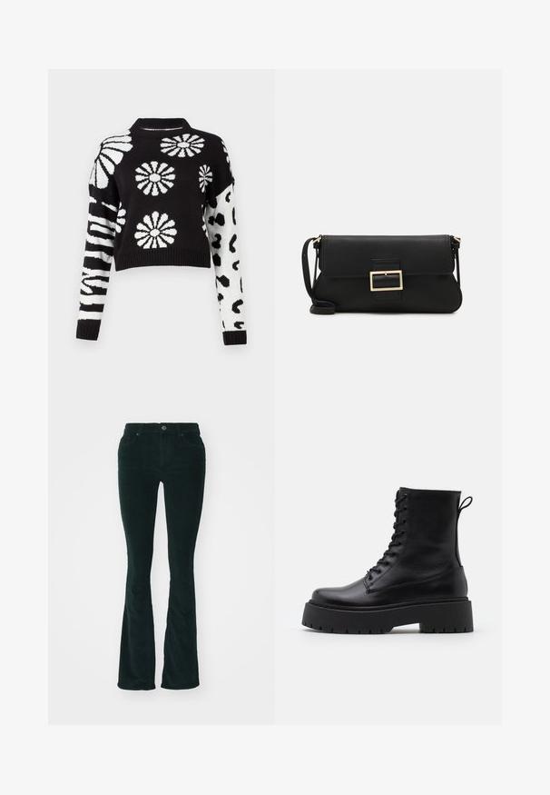 Black and white cropped sweater featuring floral and animal patterns, with ribbed cuffs and neck, made from a soft knit material.; Flared corduroy pants in dark green. Features textured fabric with visible ribbing, five pockets, and standard button closure.; Black leather ankle boots with a round toe, lace-up front, and a thick rubber sole featuring a textured tread. Pull tab at the back.; Black leather clutch bag with a flap and a gold metal buckle detail. Includes a black strap and a sleek, minimalist design.