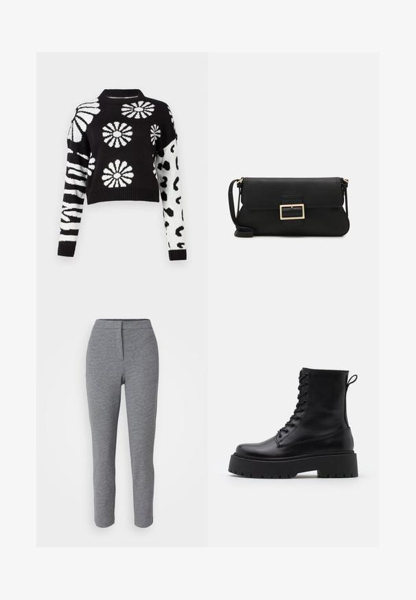 Maglione cropped in bianco e nero con motivi floreali e animali, con polsini e colletto a coste, realizzato in un morbido materiale a maglia.; Leggings in maglia grigia con un design aderente, vita alta e texture liscia. Presentano un motivo sottile e nessuna ferramenta visibile.; Stivaletti in pelle nera alla caviglia con punta rotonda, lace-up frontale e suola in gomma spessa con battistrada textured. Tassello sul retro.; Borsa a mano in pelle nera con patta e dettaglio in metallo dorato. Include una tracolla nera e un design elegante e minimalista.