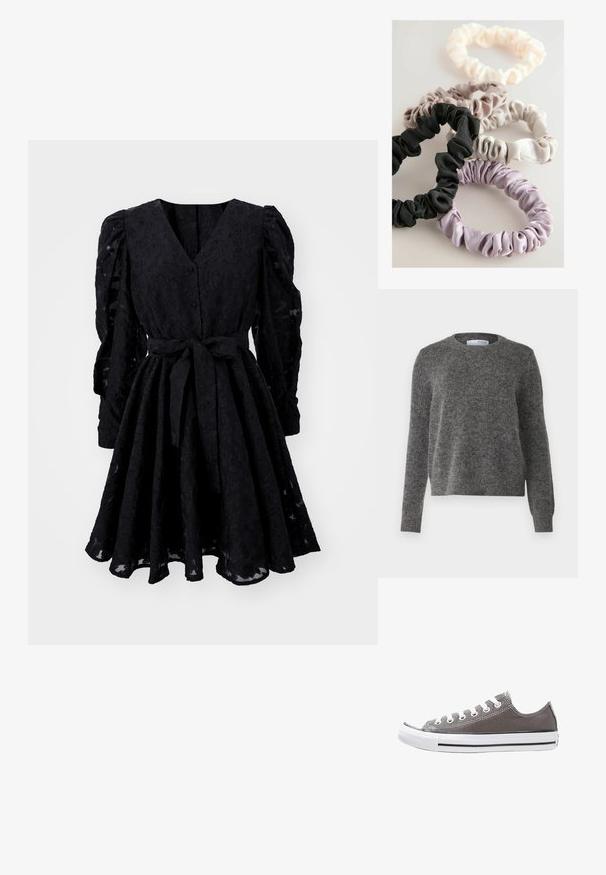 Šedý sveter vyrobený z mäkkého, textúrovaného materiálu s okrúhlym výstrihom a dlhými rukávmi. Má rebrované manžety a lem, v uvoľnenom strihu.; Čierne čipkované šaty s výstrihom do V, naberanými rukávmi a opaskom. Rozšírená sukňa s textúrovaným kvetinovým vzorom. Zapínanie na gombíky vpredu.; Sivé plátené tenisky s bielou gumovou podrážkou, čiernym pruhom a kovovými očkami. Majú okrúhlu špičku, nízky dizajn a textúrovanú látku.; Päť saténových scrunchies v čiernej, svetloružovej, krémovej, sivej a levanduľovej farbe, s textúrou vytvorenou z nahrňaného materiálu a elastickým dizajnom pre upevnenie vlasov.