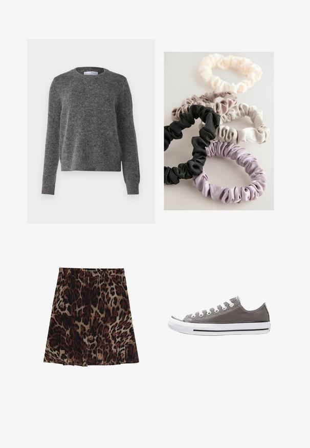 Grijze trui gemaakt van zacht, textuurmateriaal met een ronde halslijn en lange mouwen. Heeft ribgebreide boorden en zoom, in een relaxte pasvorm.; Midi-jurk met luipaardprint en een geplooid ontwerp, met een beige basiskleur en donkere bruine en zwarte vlekken. Elastische tailleband voor een goede pasvorm.; Grijze canvas sneaker met witte rubberen zool, zwarte streep en metalen oogjes. Kenmerkt zich door een ronde neus, low-top ontwerp en textiele stof.; Vijf satijnen scrunchies in zwart, lichtroze, crème, grijs en lavendel, met een geplooide textuur en een elastisch ontwerp om het haar op te steken.