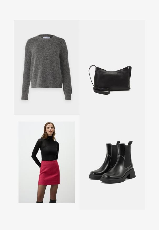 Grijze trui gemaakt van zacht, textuurmateriaal met een ronde halslijn en lange mouwen. Heeft ribgebreide boorden en zoom, in een relaxte pasvorm.; Zwarte lange mouwen hoge hals top gecombineerd met een gemêleerde roze minirok, gedragen met zwarte kniehoge laarzen, tegen een effen witte achtergrond.; Zwarte leren Chelsea-boots met een chunky hak, elastische zijpanelen en contrasterende witte stiksels. Gestructureerde afwerking.; Zwarte leren schoudertas met een gladde textuur, gebogen vorm, verstelbare schouderband en een ritsafsluiting. Minimalistisch ontwerp zonder versieringen.