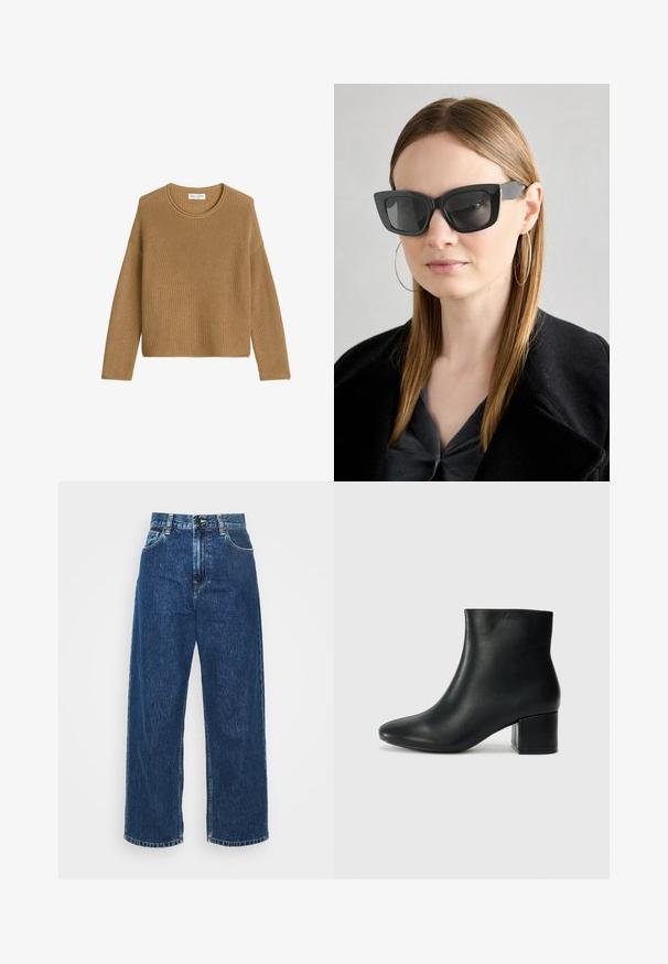 Marc O'Polo Stickad tröja - pure sand; Ljusblå denim byxor med vida ben och hög midja, synlig sömnad och standardfickor. Har en knapp- och dragkedjestängning.; Svarta läderankelstövlar med spetsig tå och kraftig klack. Slät textur med minimala accenter och en stilren, åtsittande design.; Svarta katterformade solglasögon med mörka linser, tjocka bågar och subtila detaljer. Bärs tillsammans med en svart kappa och en grå topp, med långt rakt hår.