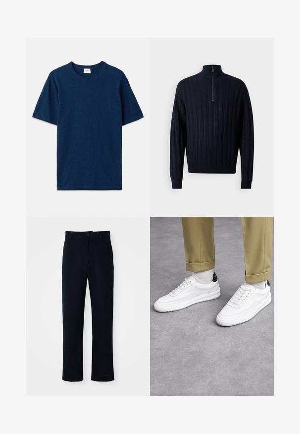 Námořnický pulovr s žebrovaným vzorem a vysokým límcem se zipem do půlky. Obsahuje texturované pruhy a přiléhavé manžety, vyrobený z měkké látky.; Námořnické modré tričko vyrobené z měkké bavlny, s kulatým výstřihem, krátkým rukávem a malým vyraženým logem na dolním rohu.; Námorně modré kalhoty vyrobené ze 100 % bavlny, s rovnými nohavicemi, předním zapínáním na knoflík a klasickým pasem s poutky na pásek.; Bílé tenisky s texturovaným koženým povrchem, zaoblenou špičkou a černým akcentem na patě. Gumová podrážka s malým vzorem a šitými detaily.