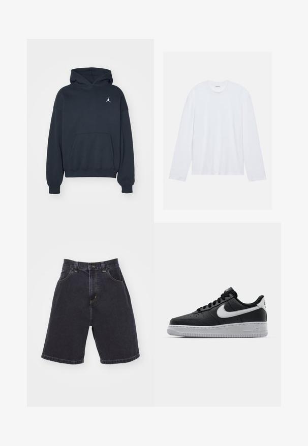 Čierna mikina s kapucňou vyrobená z bavlny, s kloktanou vreckom, vo voľnom strihu a s malým bielym logom Jumpman na ľavej strane hrudníka.; Biele dlhé rukávy tričko vyrobené z bavlny. Má klasický okrúhly výstrih a spadnuté ramenné švy, s hladkou, jednofarebnou textúrou.; Tmavé džínsy s vysokým pásom, ktoré majú dve predné vrecká, kontrastné žlté švy a rovný strih s lemovaným koncom.; Čierne kožené tenisky s textúrovaným povrchom, biely Nike swoosh, šedá podrážka, okrúle špičky a šnurovací dizajn. Obsahuje perforácie na špičke.