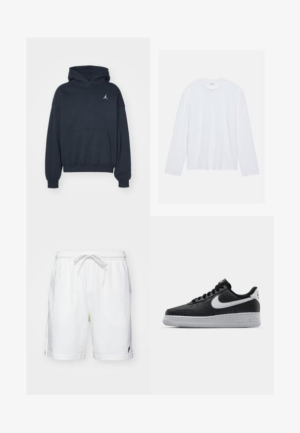 Juodas švarkas pagamintas iš medvilnės, su kengūros kišene, laisvo kirpimo, ir mažas baltas Jumpman logotipas kairėje krūtinės pusėje.; Baltas ilgas rankovės marškinėliai pagaminti iš medvilnės. Turi klasikinį apvalų kaklą ir nuleistus pečių siūlus, su lygiu, vientisu paviršiumi.; Balti medvilniniai šortai su elastinga juosmena, raiščiu ir šoninėmis skeltimis. Priekyje yra mažas juodas logotipas kairėje krašto pusėje.; Juoda odinė sportinė avalynė su tekstūruota danga, balta Nike swoosh, pilkas padas, apvalus nosis ir raištelių užsegimas. Yra perforacijos ant nosies.