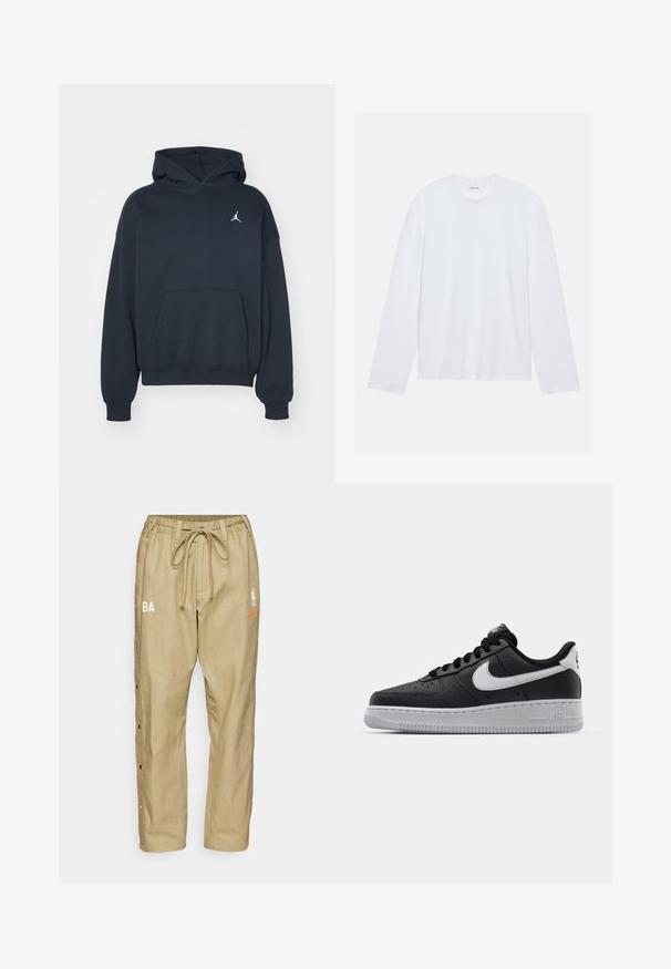 Črna kapuca iz bombaža z kenguru žepom, sproščenega kroja in majhnim belim Jumpman logotipom na levem prsnem predelu.; Bela dolga majica z dolgimi rokavi iz bombaža. Ima klasičen okrogli izrez in spuščene ramenske šive, z gladko in enostavno strukturo.; Nike Performance NBA PANT - Hlače za na prostem - neutral olive/hyper crimson; Črne usnjene teniske z teksturirano površino, bele Nikejeve zmage, sivo podplato, okroglo konico in vezalno zasnovo. Imajo perforacije na prednjem delu.