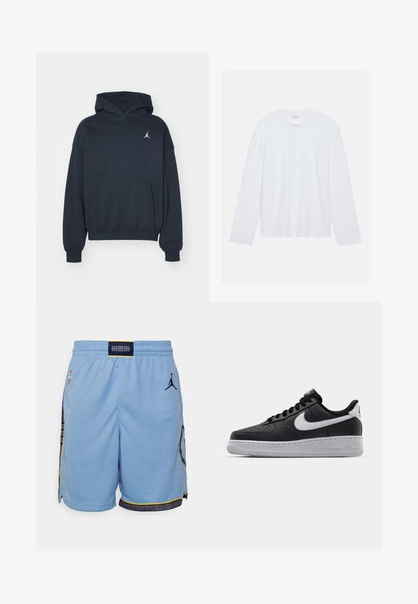 Haut à capuche noir en coton avec une poche kangourou, coupe décontractée, et un petit logo Jumpman blanc sur la partie gauche de la poitrine.; T-shirt blanc à manches longues en coton. Il présente un col rond classique et des coutures d'épaule tombantes, avec une texture lisse et unie.; Nike Performance MEM MNK DF SWGMN SHORT STM 22 - Short de sport - light blue/college navy; Baskets en cuir noir avec surface texturée, swoosh Nike blanc, semelle grise, bout rond et design à lacets. Comprend des perforations sur la boîte à orteils.