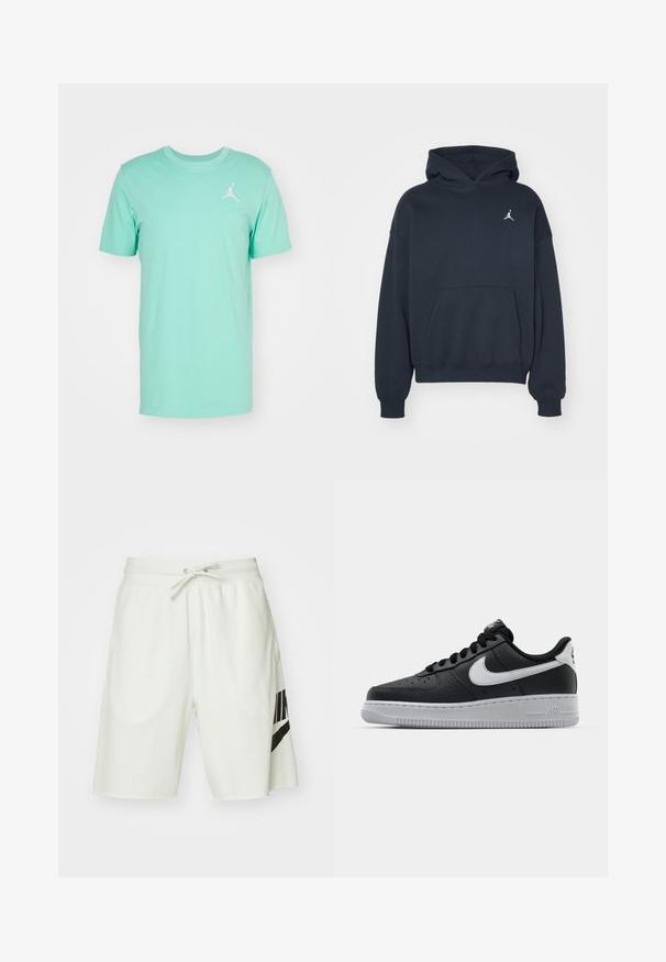 Czarna bluza z kapturem wykonana z bawełny, z kieszenią typu kangur, luźny krój oraz małym białym logo Jumpman na lewej stronie klatki piersiowej.; Jordan - T-shirt basic; Jasnoszare bawełniane szorty z elastycznym paskiem w talii, regulowanym sznurkiem i czarnym logo Nike po lewej stronie.; Czarne skórzane trampki o teksturowanej powierzchni, białe logo Nike, szara podeszwa, okrągły czubek i sznurowany design. Posiada perforacje na nosku.