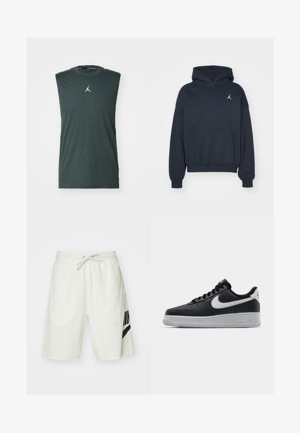 Černá mikina s kapucí vyrobená z bavlny, s klokankou, volný střih a malé bílé logo Jumpman na levé části hrudi.; Bezruký tmavě zelený tričko vyrobené z bavlny, s kulatým výstřihem a bílým logem Jordan na hrudi.; Světlé šedé bavlněné šortky s elastickým páskem, nastavitelným stahovacím provázkem a černým logem Nike na levé straně.; Černé kožené tenisky s texturovaným povrchem, bílým logem Nike, šedou podrážkou, kulatou špičkou a designem na šněrování. Obsahují perforace na špičce.