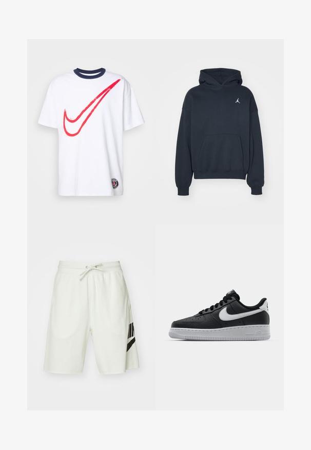 Czarna bluza z kapturem wykonana z bawełny, z kieszenią typu kangur, luźny krój oraz małym białym logo Jumpman na lewej stronie klatki piersiowej.; Biała koszulka z czerwoną grafiką logo Nike, granatowym żeberkowym kołnierzykiem, krótkimi rękawami i małym emblematem Paryża na lewym brzegu. Materiał bawełniany.; Jasnoszare bawełniane szorty z elastycznym paskiem w talii, regulowanym sznurkiem i czarnym logo Nike po lewej stronie.; Czarne skórzane trampki o teksturowanej powierzchni, białe logo Nike, szara podeszwa, okrągły czubek i sznurowany design. Posiada perforacje na nosku.