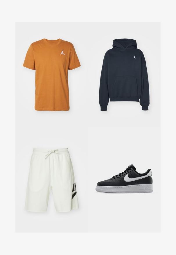 Schwarzer Hoodie aus Baumwolle mit einer Kängurutasche, lockerer Schnitt und kleinem weißen Jumpman-Logo auf der linken Brustseite.; Jordan JUMPMAN CREW - T-Shirt basic - desert bronze/white; Helle graue Baumwollshorts mit einem elastischen Bund, verstellbarem Kordelzug und einem schwarzen Nike-Logo auf der linken Seite.; Schwarze Ledersneaker mit strukturierten Oberflächen, weißem Nike-Swoosh, grauer Sohle, runder Zehenpartie und Schnürdesign. Verfügt über Perforationen an der Zehenbox.