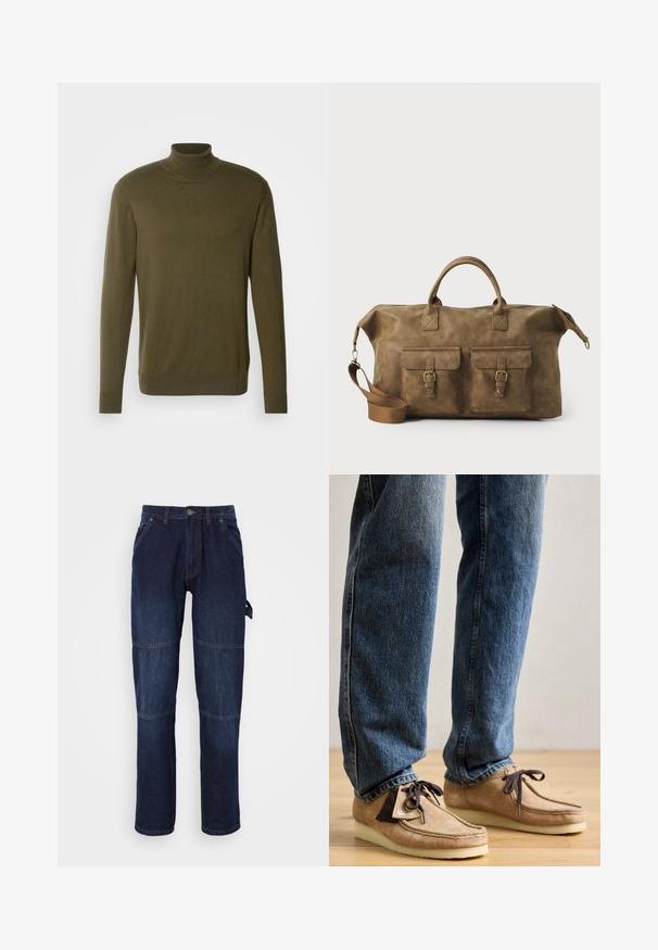 Pull à col roulé vert olive fabriqué en tissu lisse et léger ; il possède des manches longues et des poignets et un ourlet côtelés.; Pantalon en denim bleu foncé avec une coupe droite, doté de deux poches avant, de coutures visibles et d'une étiquette latérale pour un détail fonctionnel.; Mocassins en daim de couleur beige avec des accents marron foncé, à bout arrondi et semelle blanche moelleuse. Ils présentent un design à lacets et des détails cousus.; Sac de voyage en cuir marron avec deux poches avant, bandoulière réglable, accessoires en or et poignées supérieures robustes. Texture lisse.