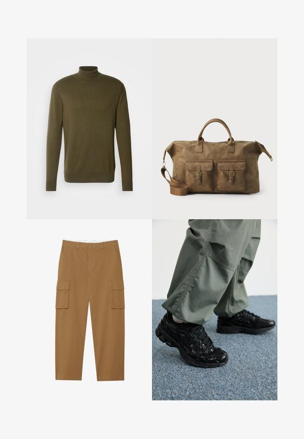 Olive green turtleneck sweater made from smooth, lightweight fabric; features long sleeves and ribbed cuffs and hem.; Brown cargo pants with two side pockets, a flat front, and a straight leg cut. Made from a durable fabric with a smooth texture.; Black athletic sneakers with glossy and mesh textures, featuring a thick sole and laces, paired with loose olive-green cargo pants.; Brown leather duffel bag with two front pockets, adjustable shoulder strap, gold hardware, and sturdy top handles. Smooth texture.