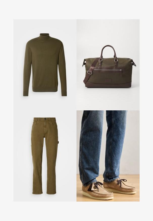 Pull à col roulé vert olive fabriqué en tissu lisse et léger ; il possède des manches longues et des poignets et un ourlet côtelés.; Pantalons en coton vert olive avec coupe droite, dotés d'une fermeture à bouton sur le devant et de poches latérales. Texture lisse et design épuré.; Mocassins en daim de couleur beige avec des accents marron foncé, à bout arrondi et semelle blanche moelleuse. Ils présentent un design à lacets et des détails cousus.; Sac de sport en toile vert olive avec des accents en cuir brun, équipé de deux poignées, d'une bandoulière amovible et d'une poche zippée à l'avant.