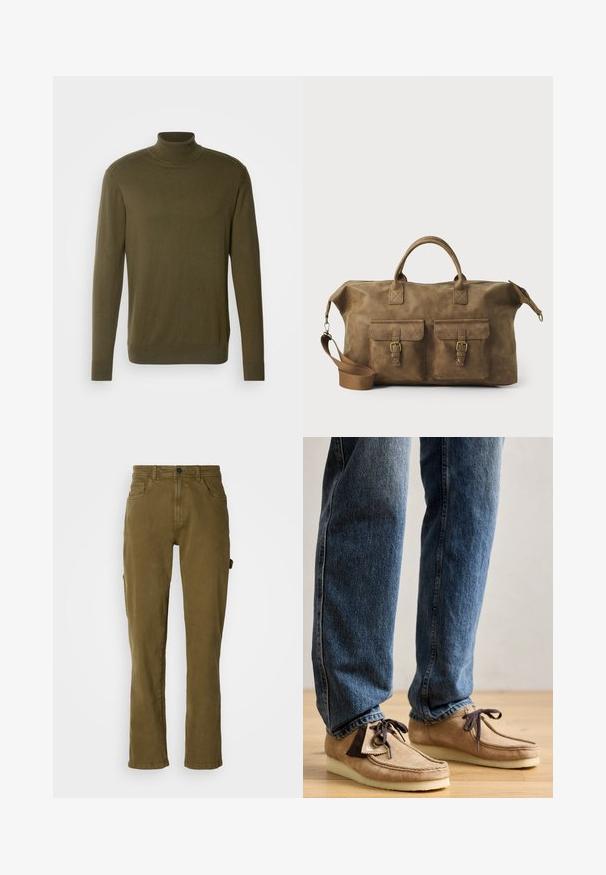 Olive green turtleneck sweater made from smooth, lightweight fabric; features long sleeves and ribbed cuffs and hem.; Olive green cotton trousers with a straight fit, featuring a front button closure and side pockets. Smooth texture and clean design.; Suede moccasins in tan with dark brown accent, rounded toe, and plush white sole. Features lace-up design and stitched detailing.; Brown leather duffel bag with two front pockets, adjustable shoulder strap, gold hardware, and sturdy top handles. Smooth texture.