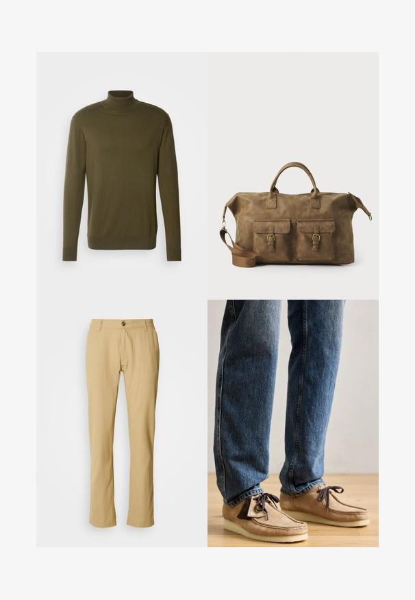 Olijfgroene coltrui gemaakt van zachte, lichtgewicht stof; heeft lange mouwen en ribgebreide manchetten en zoom.; Beige broek met een rechte pijp, knoopsluiting en subtiele stoftextuur. Geen patronen of extra details zichtbaar.; Suède mocassins in tan met een donkerbruin accent, ronde neus en een zachte witte zool. Beschikt over een vetersluiting en gestikte details.; Bruine leren weekendtas met twee voorzakken, verstelbare schouderband, gouden hardware en stevige handvatten aan de bovenkant. Strakke textuur.