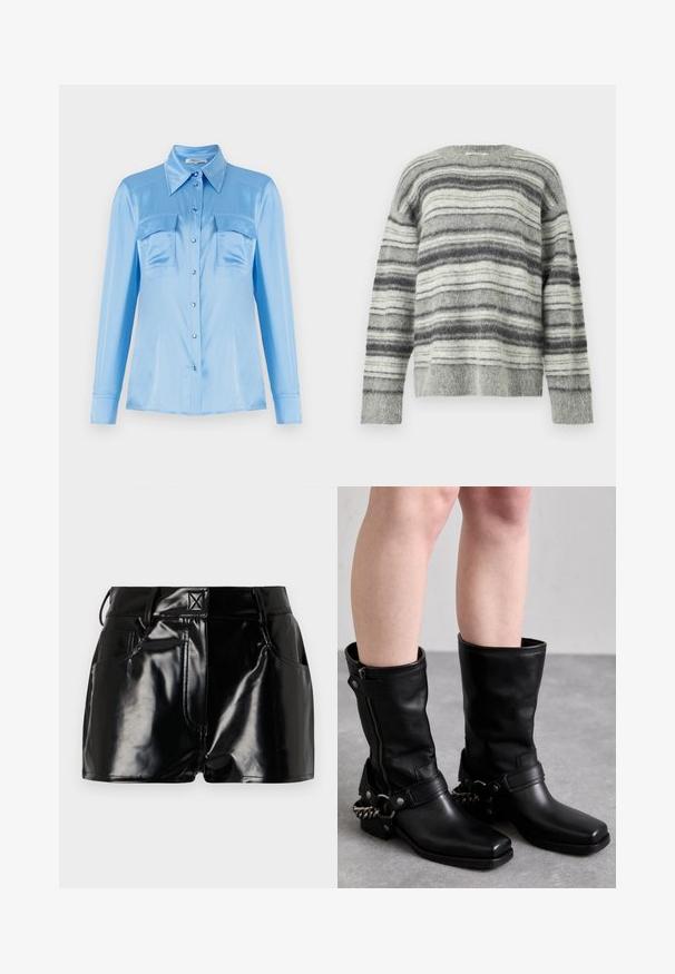 Gray striped sweater made of soft, fuzzy material. Features horizontal stripes in varying shades of gray and white. Round neck, long sleeves.; Light blue satin button-up shirt with long sleeves, two front pockets, and a pointed collar. Features pearlized buttons and a smooth texture.; Black, glossy shorts made of synthetic material. Features a fitted waist, belt loops, and front pockets with prominent stitching details.; Black leather knee-high boots with a square toe, side zipper, and adjustable strap featuring a metal chain accent. Matte finish and sturdy sole.