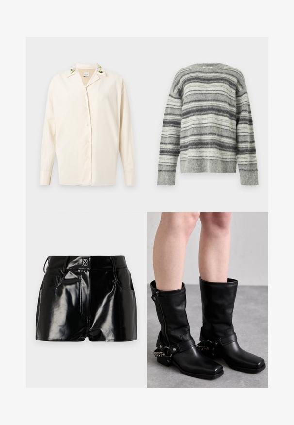 Pull rayé gris en matière douce et duveteuse. Présente des rayures horizontales dans différentes nuances de gris et blanc. Col rond, manches longues.; Chemise crème boutonnée avec des détails floraux brodés sur le col, confectionnée dans un tissu lisse, dotée de manches longues et d'une coupe décontractée.; Shorts noirs et brillants en matériau synthétique. Présentent une taille ajustée, des passants de ceinture et des poches avant avec des détails de couture prononcés.; Bottes noires en cuir, montant jusqu'au genou, avec un bout carré, fermeture éclair sur le côté et sangle ajustable avec un accent en chaîne métallique. Fini mat et semelle robuste.
