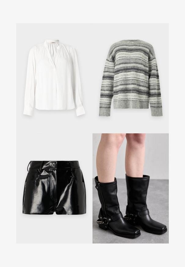Pull rayé gris en matière douce et duveteuse. Présente des rayures horizontales dans différentes nuances de gris et blanc. Col rond, manches longues.; Blouse blanche à manches longues avec un col mandarin, un décolleté plissé et des poignets boutonnés. Fabriquée en tissu lisse et léger.; Shorts noirs et brillants en matériau synthétique. Présentent une taille ajustée, des passants de ceinture et des poches avant avec des détails de couture prononcés.; Bottes noires en cuir, montant jusqu'au genou, avec un bout carré, fermeture éclair sur le côté et sangle ajustable avec un accent en chaîne métallique. Fini mat et semelle robuste.